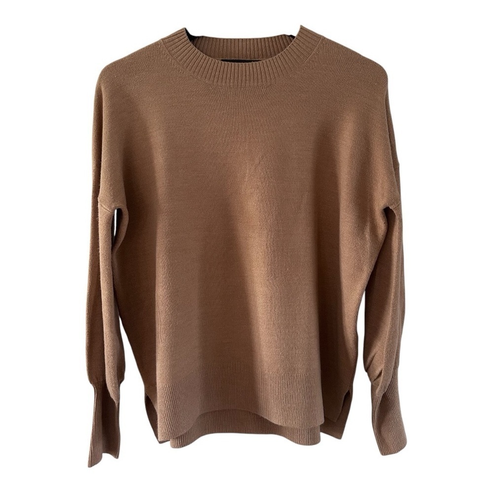 FRENCH CONNECTION Camel Crew Neck Sweater Balloon Sleeves & slits at hem small - Picture 2 of 8